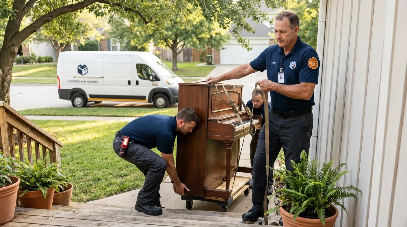 Licensed piano movers securing grand piano in Forest Hills, NY