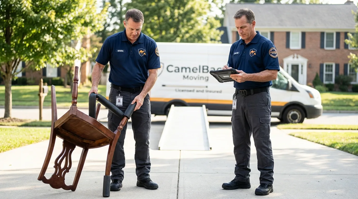 Movers inspecting furniture for damage prevention before loading in Forest Hills, NY