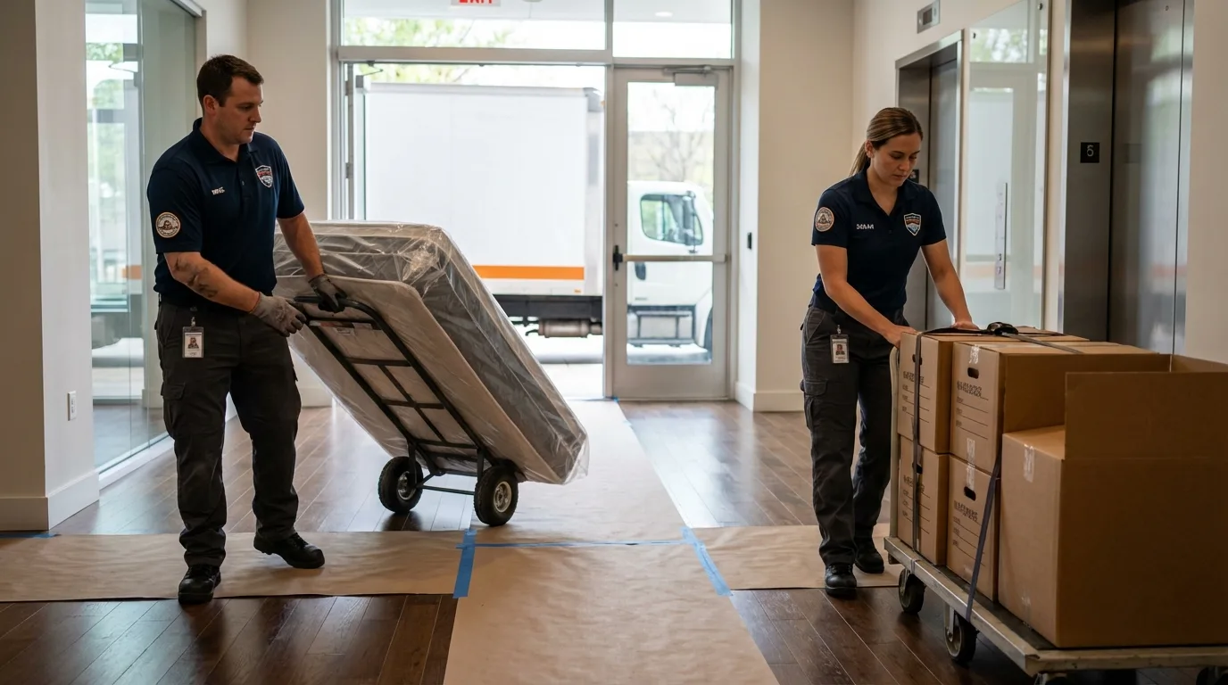 Professional apartment movers loading elevator in Forest Hills, NY